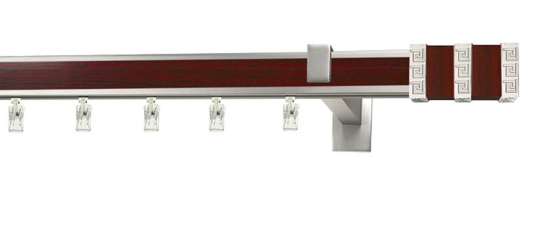 Jednořadá garnýž Aveno Bristol v dekoru mahagon s chromem. Hliníkový profil 31×13 mm. Možnost montáže na zeď nebo strop.