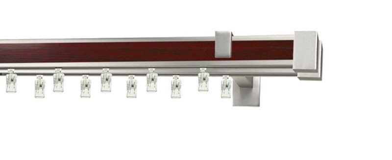Dvouřadá hranatá garnýž AVENO LORETO v kombinaci mahagon a chrom. Profil 31×13 mm. Montáž na stěnu nebo strop.