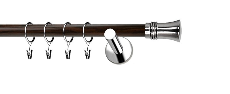 Jednořadá garnýž Extra Capri, průměr tyče 19 mm. Nerezové provedení v kombinaci s wenge. Montáž na zeď je snadná.
