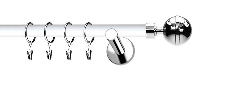 Jednořadá garnýž Extra Koule Elegant, tyč 19 mm v bílé barvě. Nerezové provedení konzolí. Montážní sada na zeď v balení.