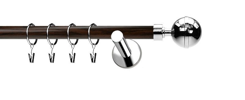 Jednořadá garnýž Extra Koule Elegant o průměru 19 mm. Nerezové prvky a tyč v dekoru wenge. Montáž na zeď.
