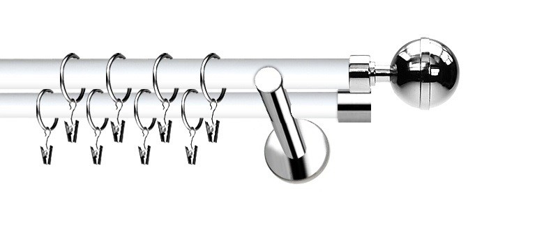 Dvouřadá garnýž Extra Koule Elegant, průměr 19 mm. Galvanizovaný kovový materiál pro dlouhou životnost. Montáž na zeď.
