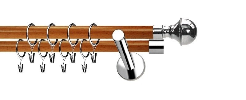 Moderní dvouřadá garnýž Extra Bella, kombinace nerezové oceli a třešňového dřeva. Průměr tyčí 19 mm. Včetně montážní sady.