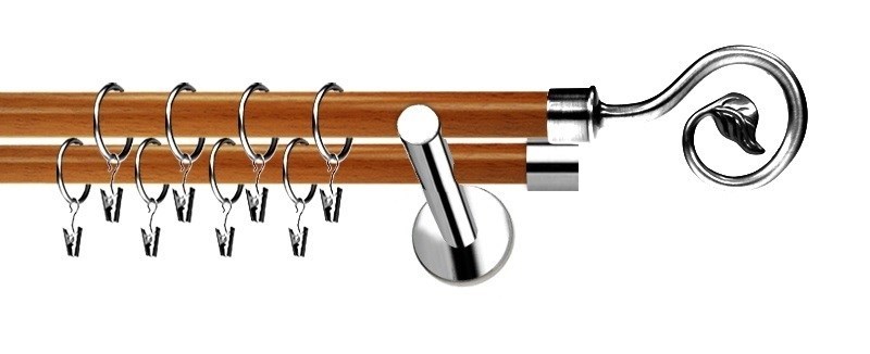 Nerezová garnýž Extra Spirála s třešňovými detaily. Dvouřadý model, průměr tyčí 19 mm, montáž na zeď v balení.