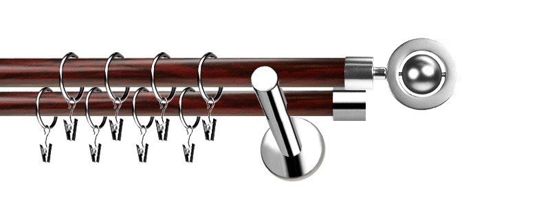 Dvouřadý set Extra Alpi, nerezová ocel v kombinaci s mahagonem. Průměr tyčí 19 mm, montáž na zeď včetně příslušenství.