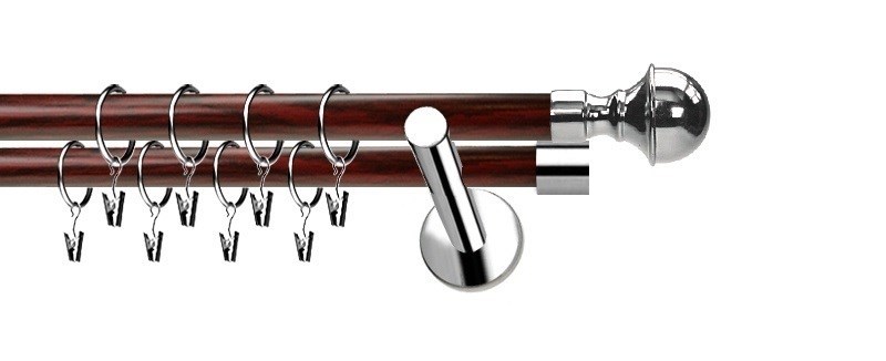 Dvouřadá kovová garnýž Extra Bella, průměr tyčí 19 a 19 mm. Povrchová úprava nerez v kombinaci s mahagonem. Montáž na zeď.
