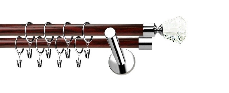 Garnýž Extra Clarex Crystal, dvouřadý kovový model 19 a 19 mm. Nerezová úprava v kombinaci s mahagonem. Montáž na zeď.