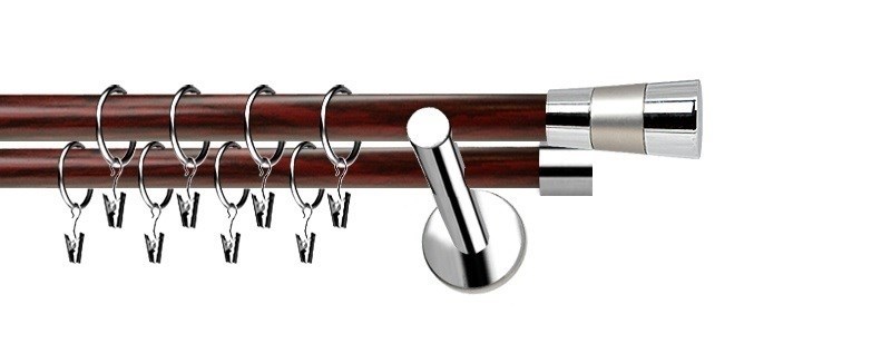 Dvouřadý set Extra Doris, průměr tyčí 19 a 19 mm. Nerezová ocel s mahagonovým povrchem. Součástí je montáž na zeď.