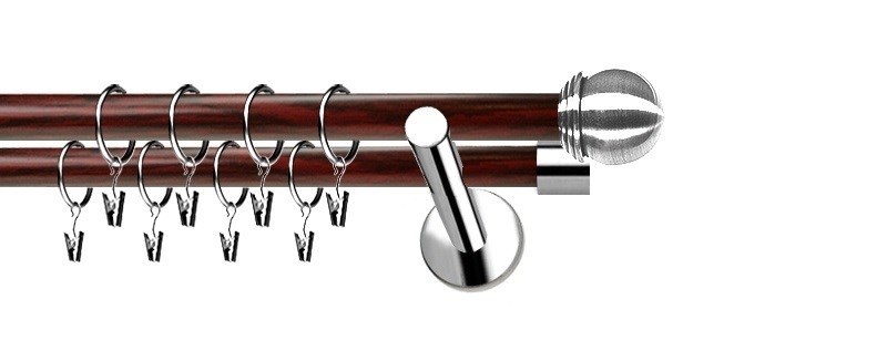 Dvouřadá kovová garnýž Extra Knoflík o průměru 19 a 19 mm. Nerezové provedení s mahagonem, určeno pro montáž na zeď.