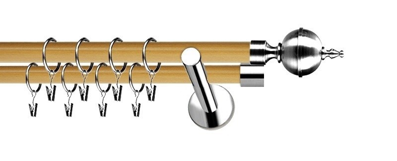 Dvouřadý set garnýží Extra Roxy, průměr 19 a 19 mm. Povrch nerez a borovice. Určeno pro montáž na zeď do interiéru.
