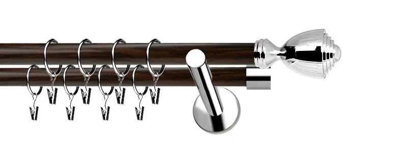 Dvouřadý systém Extra Avanti, tyče 19 a 19 mm. Galvanizovaný povrch v kombinaci nerez a wenge. Montáž na zeď.