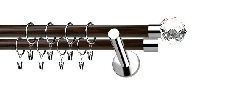 Dvouřadá garnýž Extra Beluna Crystal, průměr 19 a 19 mm. Povrch nerez a wenge. Montáž na zeď pomocí přiložených konzol.