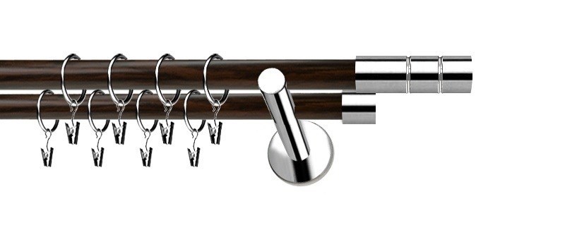 Moderní dvouřadá garnýž Extra Cylindr o průměru 19 mm. Kvalitní nerezové provedení s doplňky v dekoru wenge.