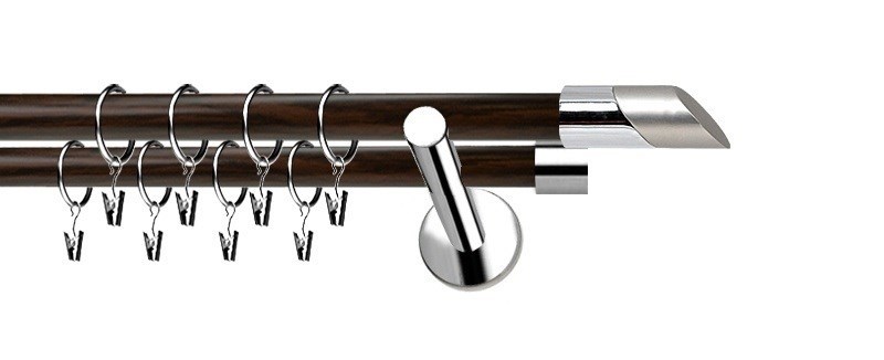 Dvouřadá garnýž Extra Falko z kovu, průměr tyčí 19 mm. Elegantní nerezové tělo doplněné o prvky v barvě wenge.