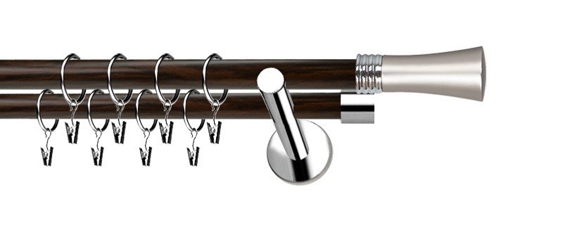 Moderní dvojitá garnýž Extra Fiona s tyčemi 19 mm. Vyrobena z nerezové oceli s dekorem wenge pro dlouhou životnost.