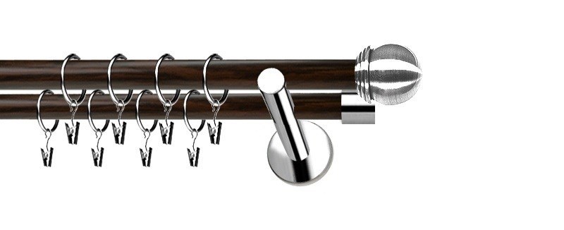 Moderní dvouřadá garnýž Extra Knoflík, průměr tyčí 19 mm. Kombinace nerezového kovu a dekoru wenge.
