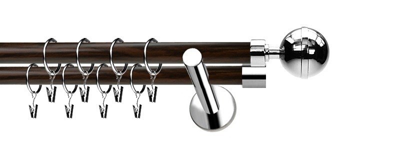 Kovová dvojitá garnýž Extra Koule Elegant s průměrem tyčí 19 mm. Nerezové provedení s prvky v dekoru wenge.