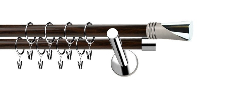 Dvouřadá garnýž Extra Loca z kovu, tyče 19 a 19 mm. Barevné provedení nerez a wenge. Součástí je montážní sada na zeď.