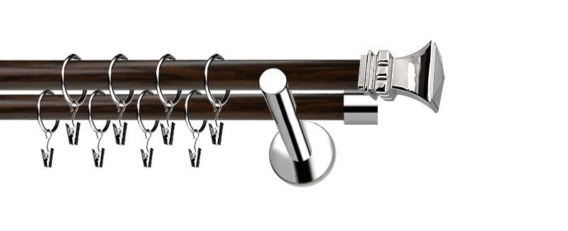 Dvouřadá garnýž Extra Orto z kovu, průměr tyčí 19 a 19 mm. Nerezová úprava s wenge. Včetně montáže na zeď.