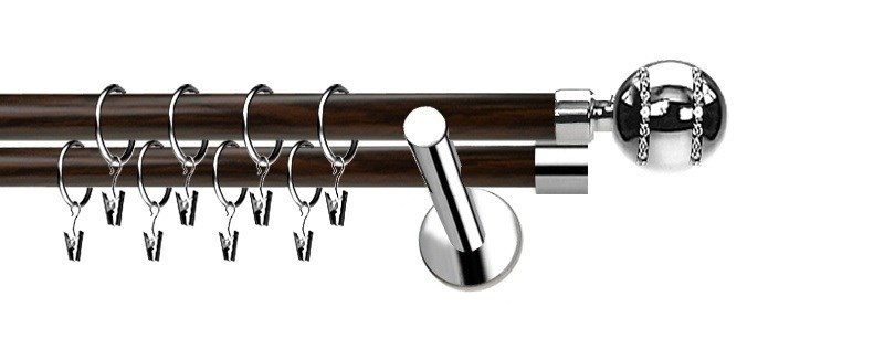 Kovová garnýž Extra Pico Crystal, dvouřadé provedení, tyče 19 mm. Nerez a wenge. Montážní materiál pro instalaci na zeď.