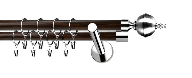 Dvouřadá garnýž Extra Roxy z kovu, průměr tyčí 19 mm. Barevná kombinace nerez a wenge. Součástí je montážní sada na zeď.