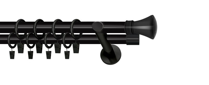 Černá dvouřadá garnýž Liberty s tyčemi o průměru 25 a 19 mm. Vhodná pro moderní interiéry, montáž přímo na zeď.