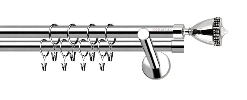 Dvouřadá garnýž Piano Crystal v nerezové úpravě. Průměr tyčí 25 a 19 mm. Balení obsahuje materiál pro montáž na zeď.