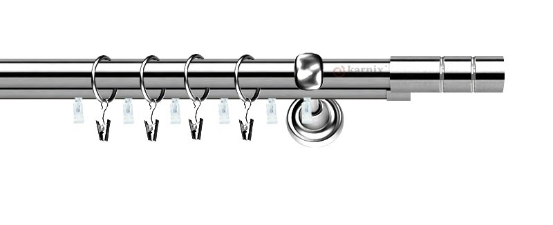 Dvouřadá garnýž Cylindr Plus z kovu v nerezové úpravě. Průměr tyčí 19 mm, jedna s drážkou pro plynulý pohyb. Montáž na zeď.