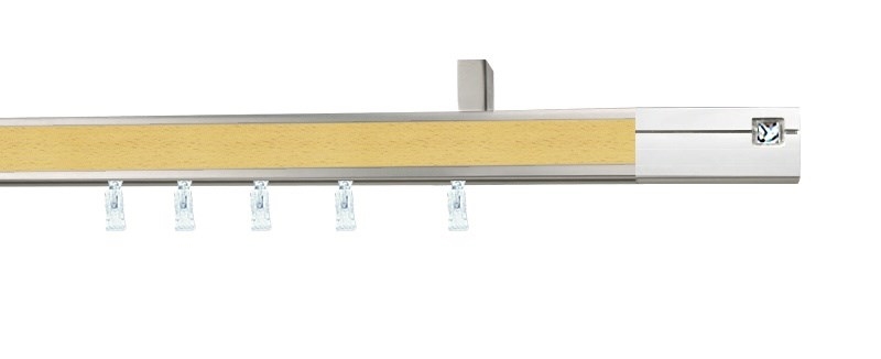 Jednořadá garnýž AVENO Aveno Crystal v dekoru buk, profil 31×13 mm. Hliníkový profil s drážkou pro stropní instalaci.