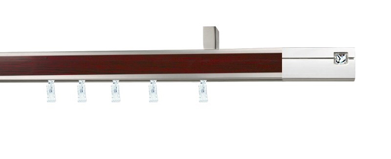 Jednořadá garnýž AVENO Aveno Crystal, dekor mahagon. Profil 31×13 mm z hliníku, určeno pro montáž na strop či stěnu.