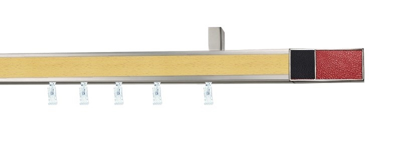 Jednořadá garnýž Aveno Croco z hliníku, rozměr profilu 31x13 mm. Instalace na strop nebo zeď. Černá a červená barva s dekorem buku.