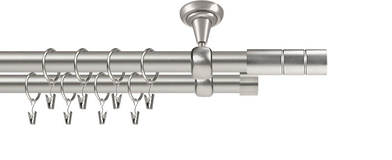 Kovová garnýž Roma Cylindr, dvouřadá, průměr 19/19 mm, chrom. Určeno pro montáž na zeď nebo stropní plochu.