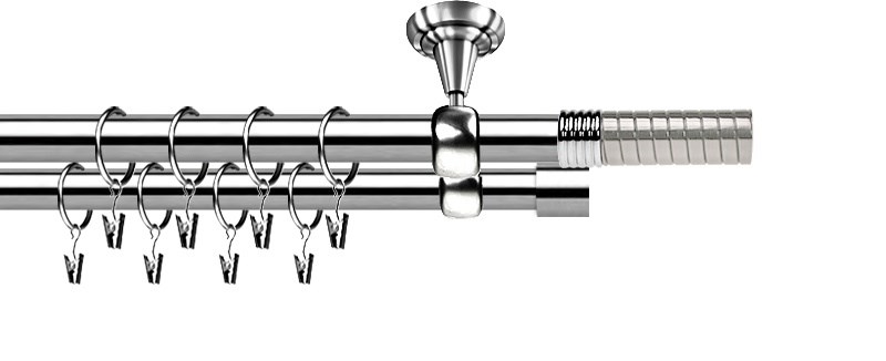 Dvouřadá garnýž ROMA Optima z nerezové oceli. Tyče 19/19 mm. Určeno pro montáž na zeď nebo stropní instalaci.