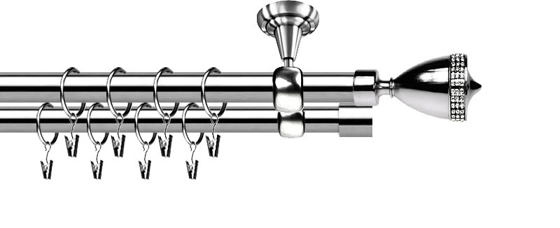 Stropní garnýž ROMA Piano Crystal, dvouřadá. Tyče 25 a 19 mm. Galvanizovaný nerezový povrch pro dlouhou životnost.